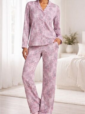 SKIMS Pink Animal Print Pajama Set Modal Soft Button Down Sleepwear XS